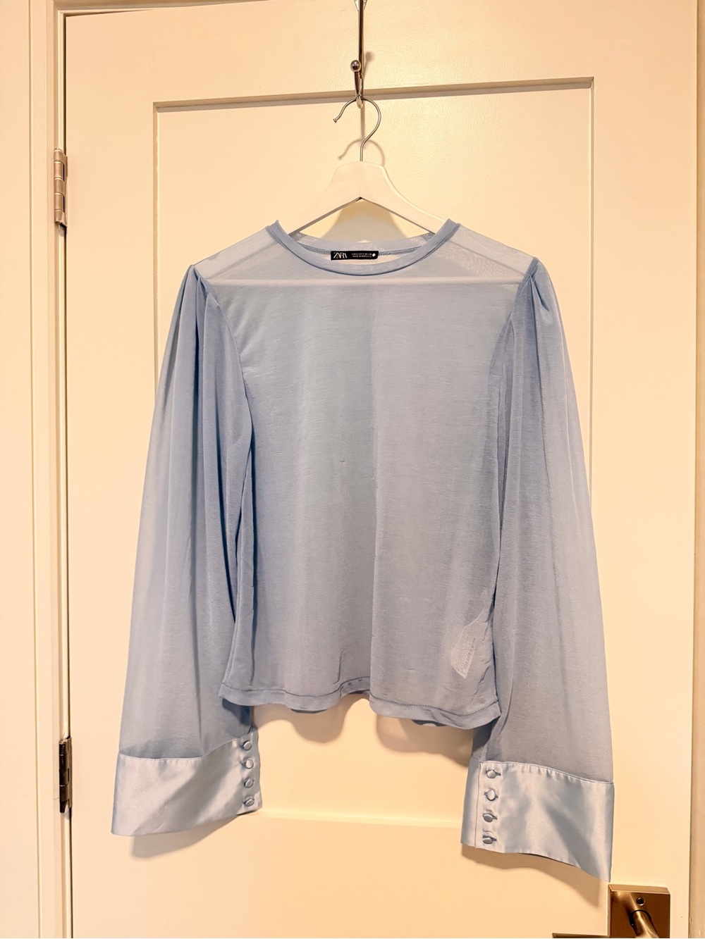 Zara Pale Blue Sheer Long Sleeve Blouse with Satin Cuffs
